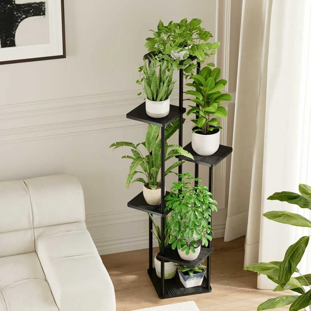 Bamworld 6 lygių metalinis kampinis gėlių stovas su medinėmis lentynomis, juodas, 130 cm