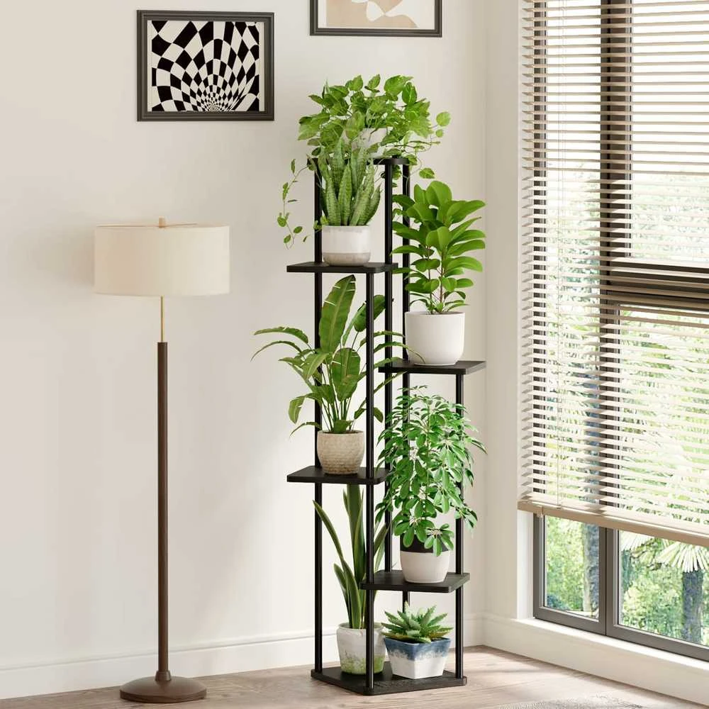 Bamworld 6 lygių metalinis kampinis gėlių stovas su medinėmis lentynomis, juodas, 130 cm