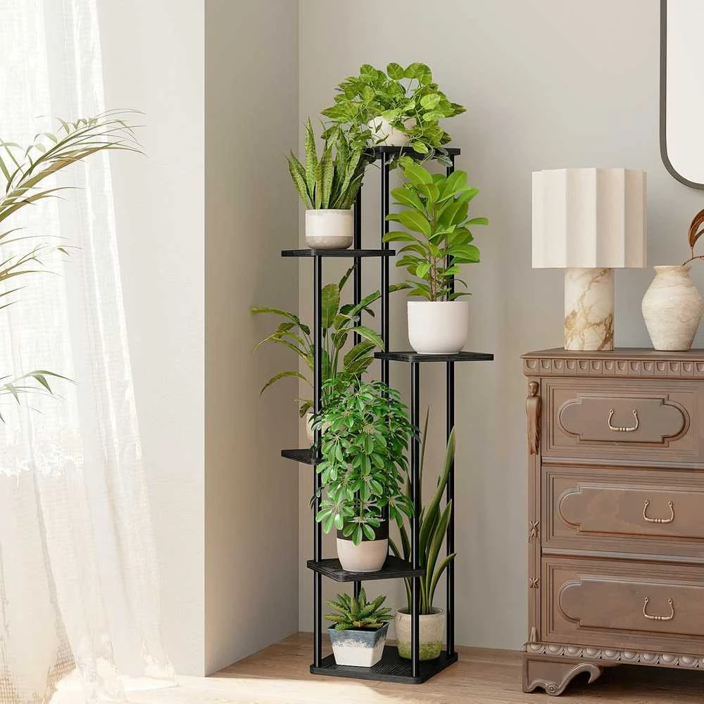Bamworld 6 lygių metalinis kampinis gėlių stovas su medinėmis lentynomis, juodas, 130 cm