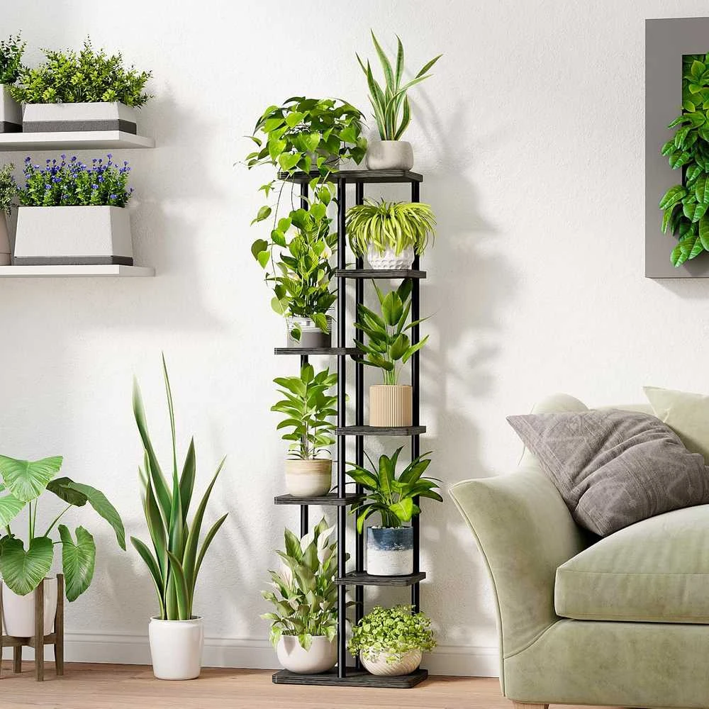 Bamworld 7 pakopų metalinis vazonų stovas su MDF lentynomis, dažytas, juodas