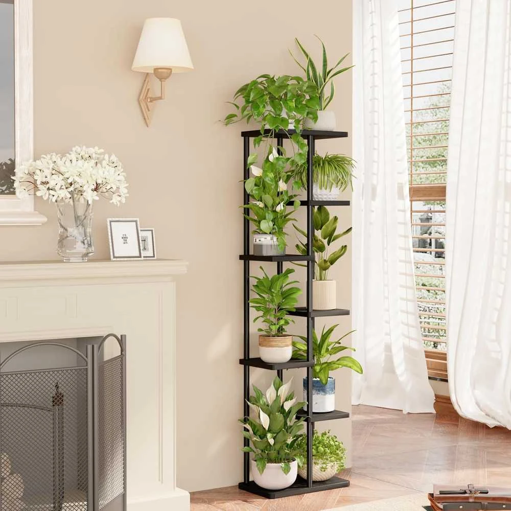 Bamworld 7 pakopų metalinis vazonų stovas su MDF lentynomis, dažytas, juodas