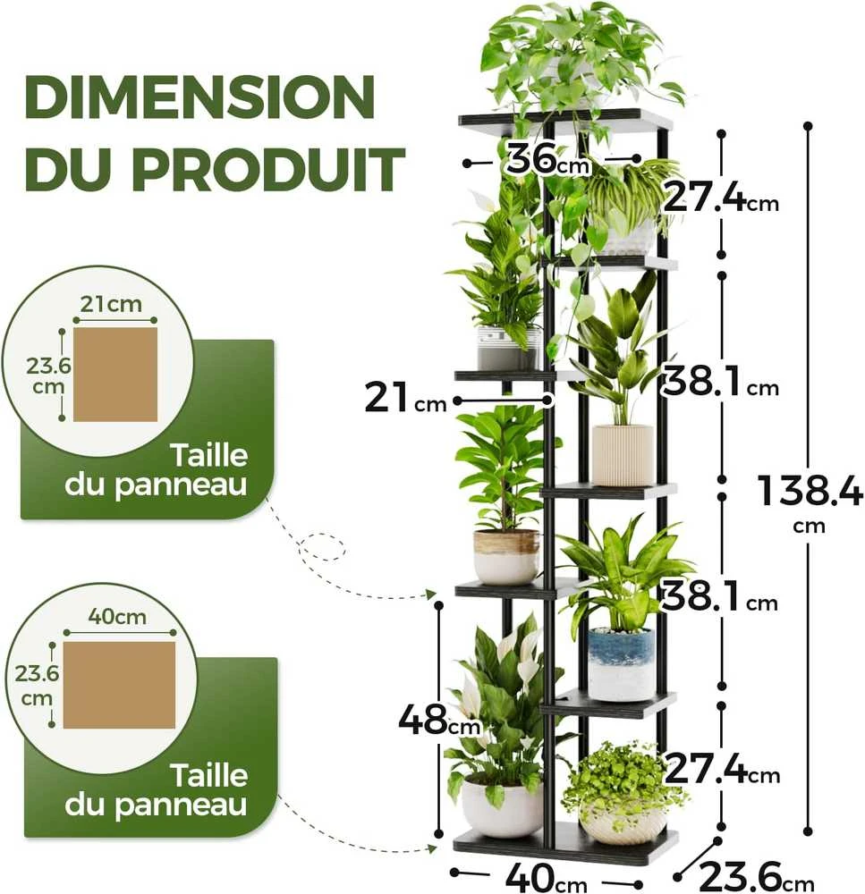 Bamworld 7 pakopų metalinis vazonų stovas su MDF lentynomis, dažytas, juodas