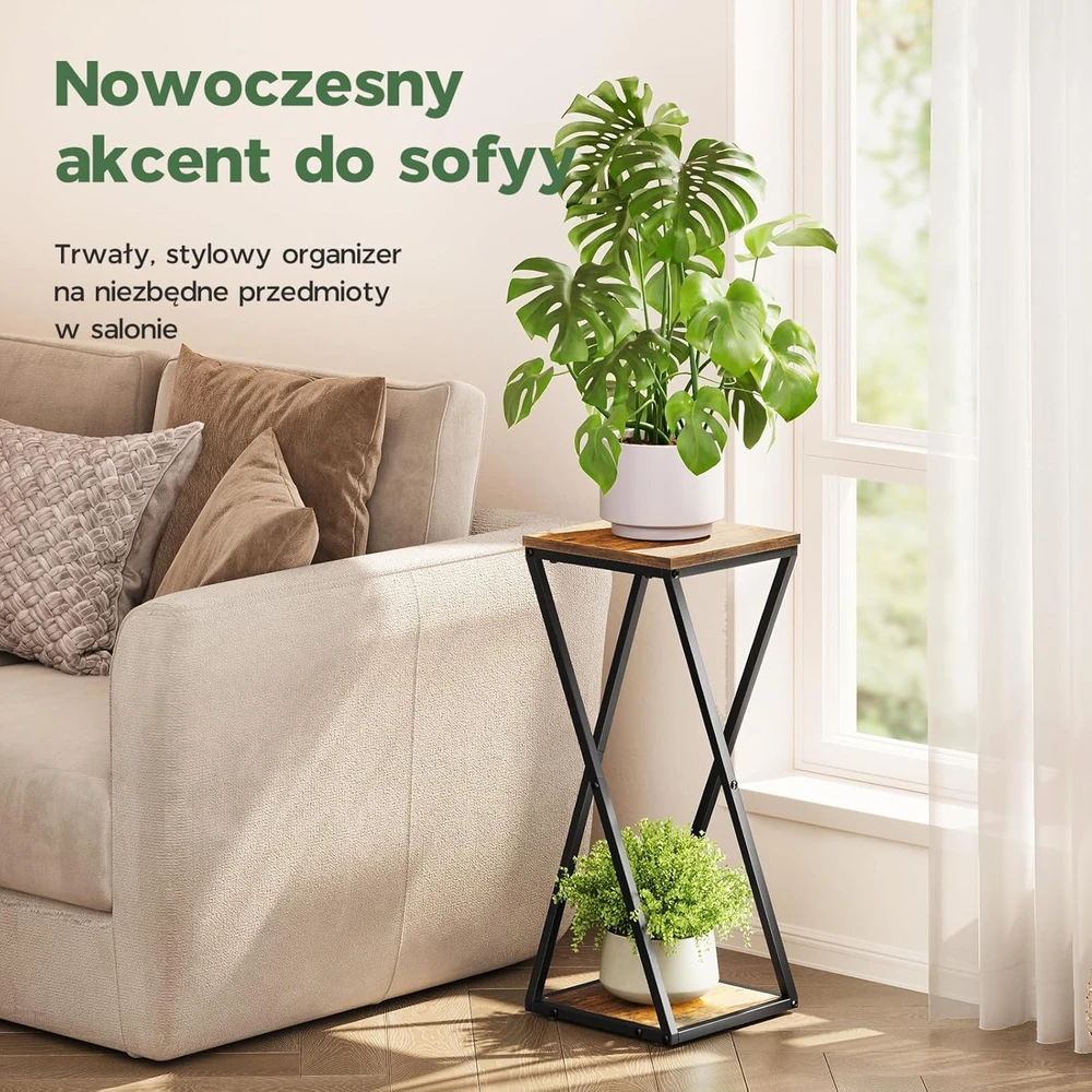 Bamworld dviejų lygių metalinis kampinis augalų stovas su MDF lentynomis, juodas, TM02-5T-BR