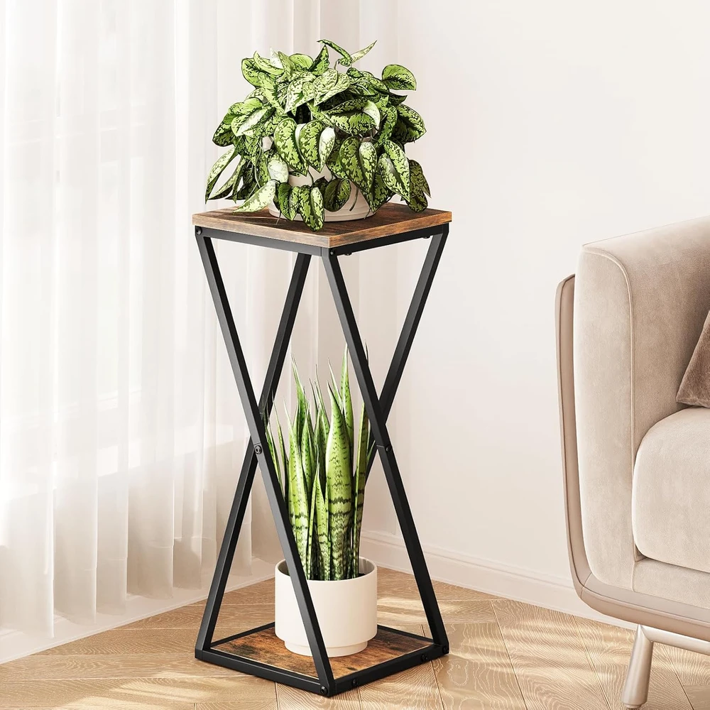 Bamworld dviejų lygių metalinis kampinis augalų stovas su MDF lentynomis, juodas, TM02-5T-BR