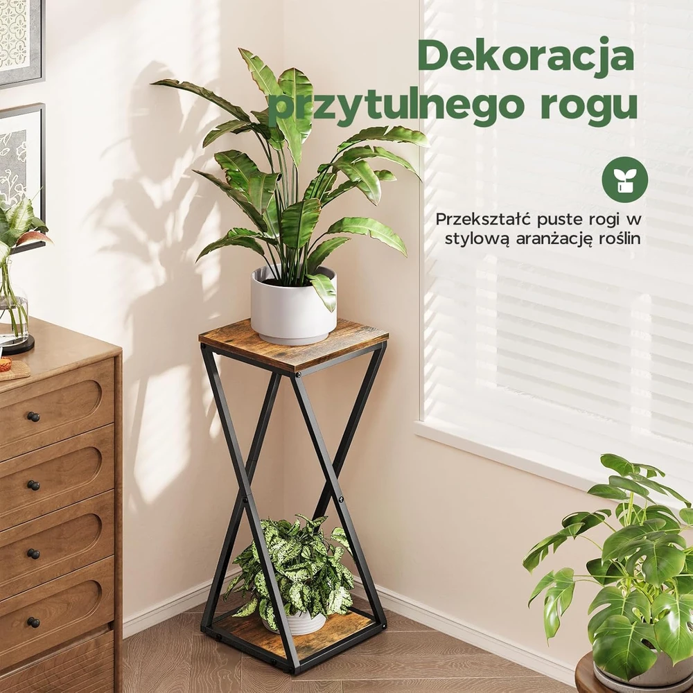 Bamworld dviejų lygių metalinis kampinis augalų stovas su MDF lentynomis, juodas, TM02-5T-BR