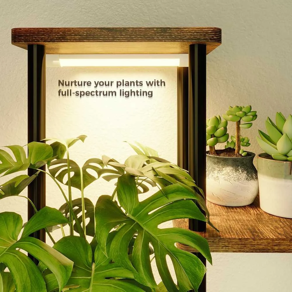 Bamworld kampinis 5 lygių metalinis–medinis augalų stovas su LED apšvietimu, rudas