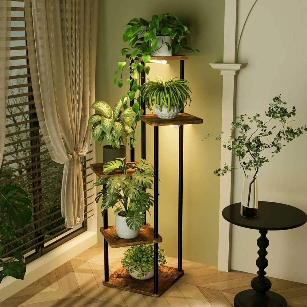 Bamworld kampinis 5 lygių metalinis–medinis augalų stovas su LED apšvietimu, rudas