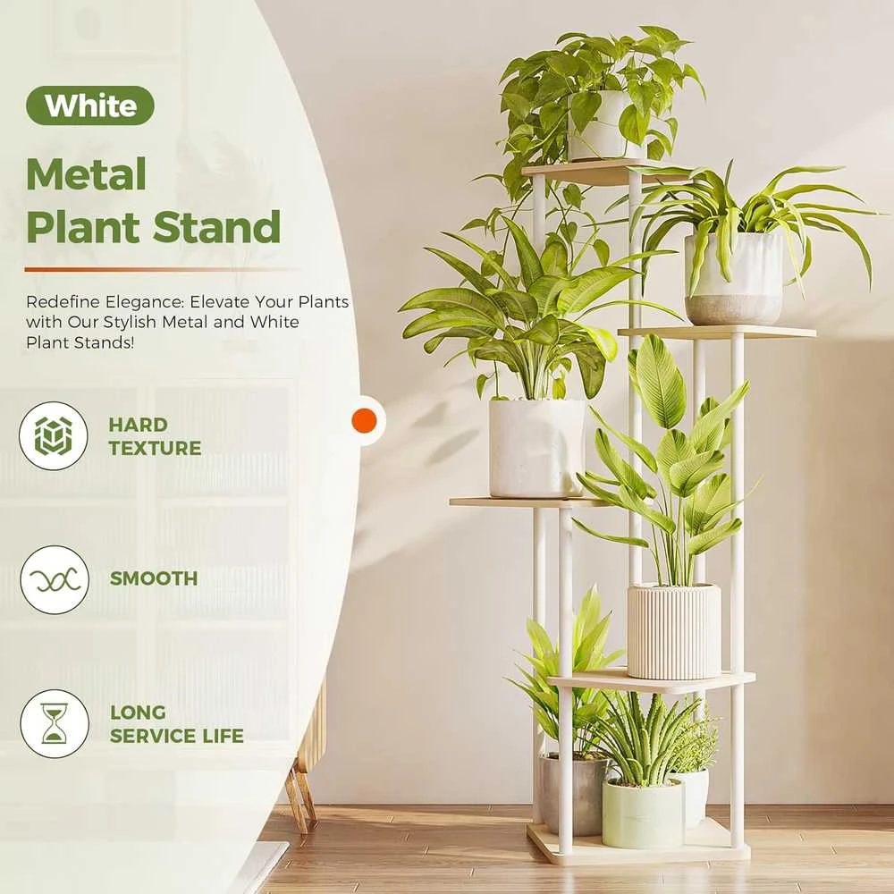 Bamworld kampinis metalinis augalų stovas, 5 pakopų, baltas, vidaus ir lauko naudojimui