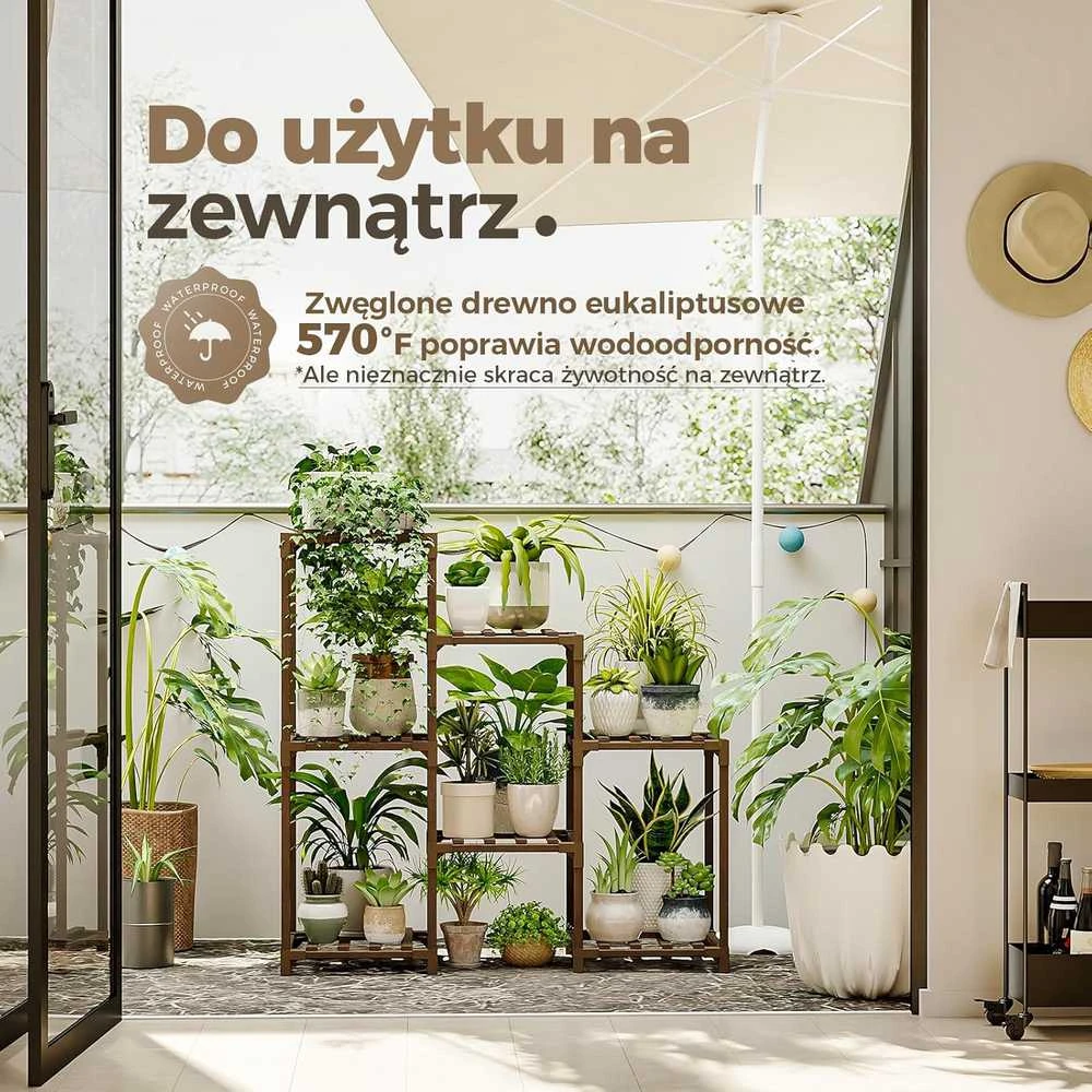 Bamworld medinė augalų lentyna, 7 vazonų laikiklis, karbonizuotas eukaliptas, 81,3 × 30 × 86,4 cm