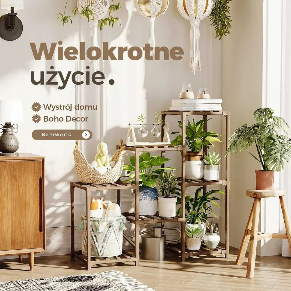 Bamworld medinė augalų lentyna, 7 vazonų laikiklis, karbonizuotas eukaliptas, 81,3 × 30 × 86,4 cm