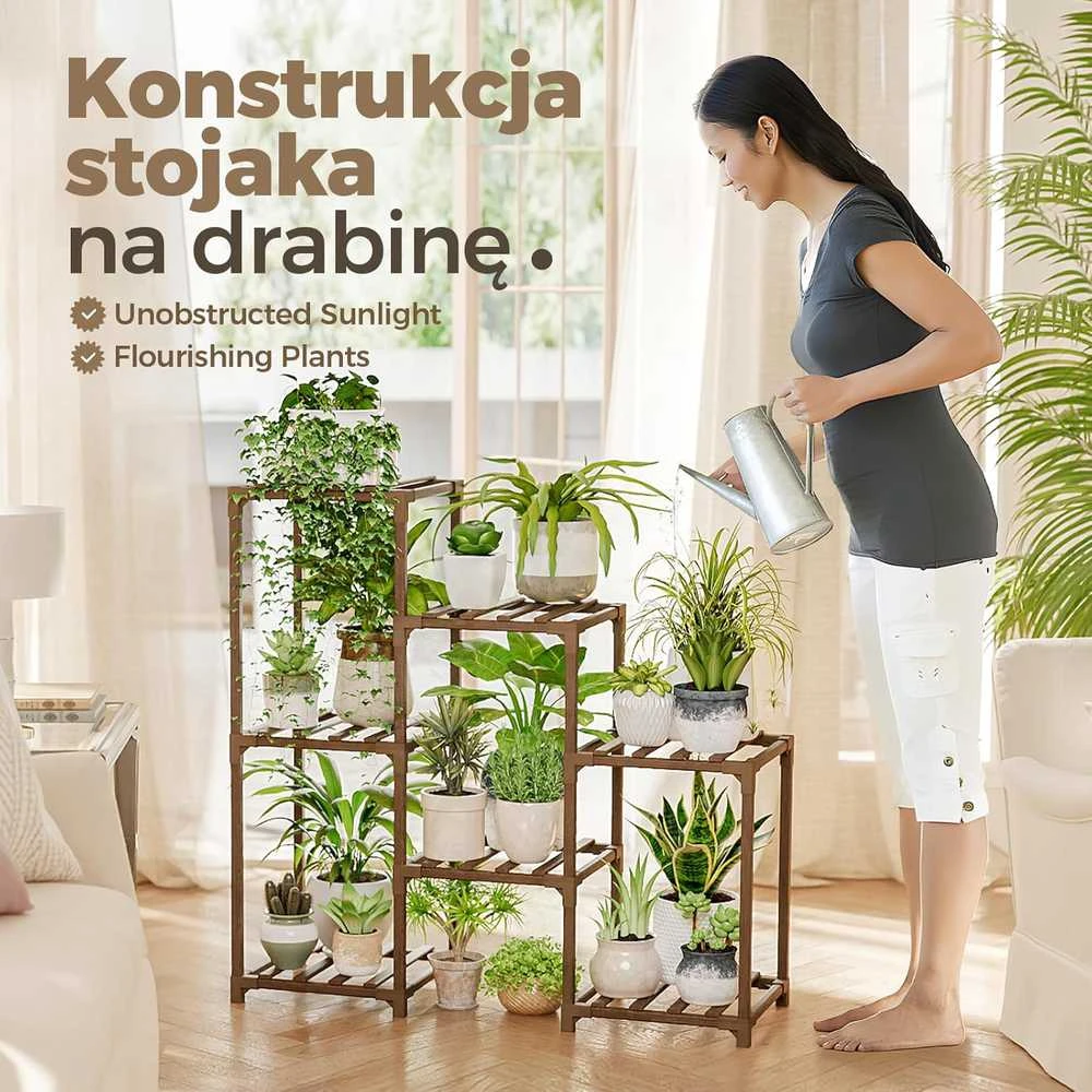 Bamworld medinė augalų lentyna, 7 vazonų laikiklis, karbonizuotas eukaliptas, 81,3 × 30 × 86,4 cm