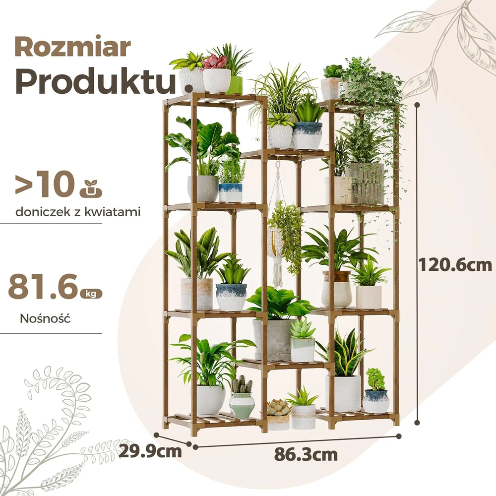 Bamworld medinė kabanti gėlių lentyna, 10 lygių, 76x30x108 cm, eukalipto medis, plst-02U