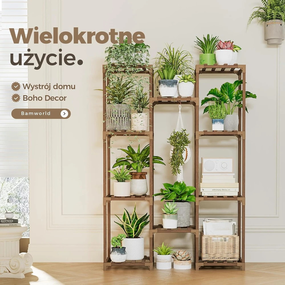 Bamworld medinė kabanti gėlių lentyna, 10 lygių, 76x30x108 cm, eukalipto medis, plst-02U