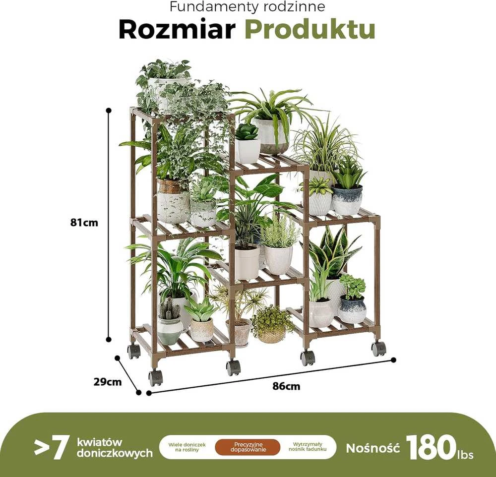 Bamworld medinis augalų stovas su 3 lygiais, 7 vazonams, su ratukais, 86,3 × 81,3 × 30 cm