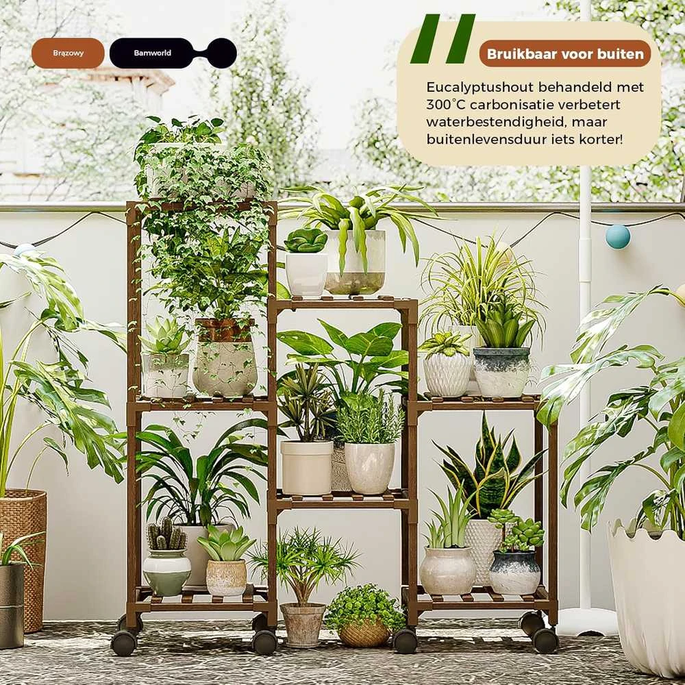Bamworld medinis augalų stovas su 3 lygiais, 7 vazonams, su ratukais, 86,3 × 81,3 × 30 cm