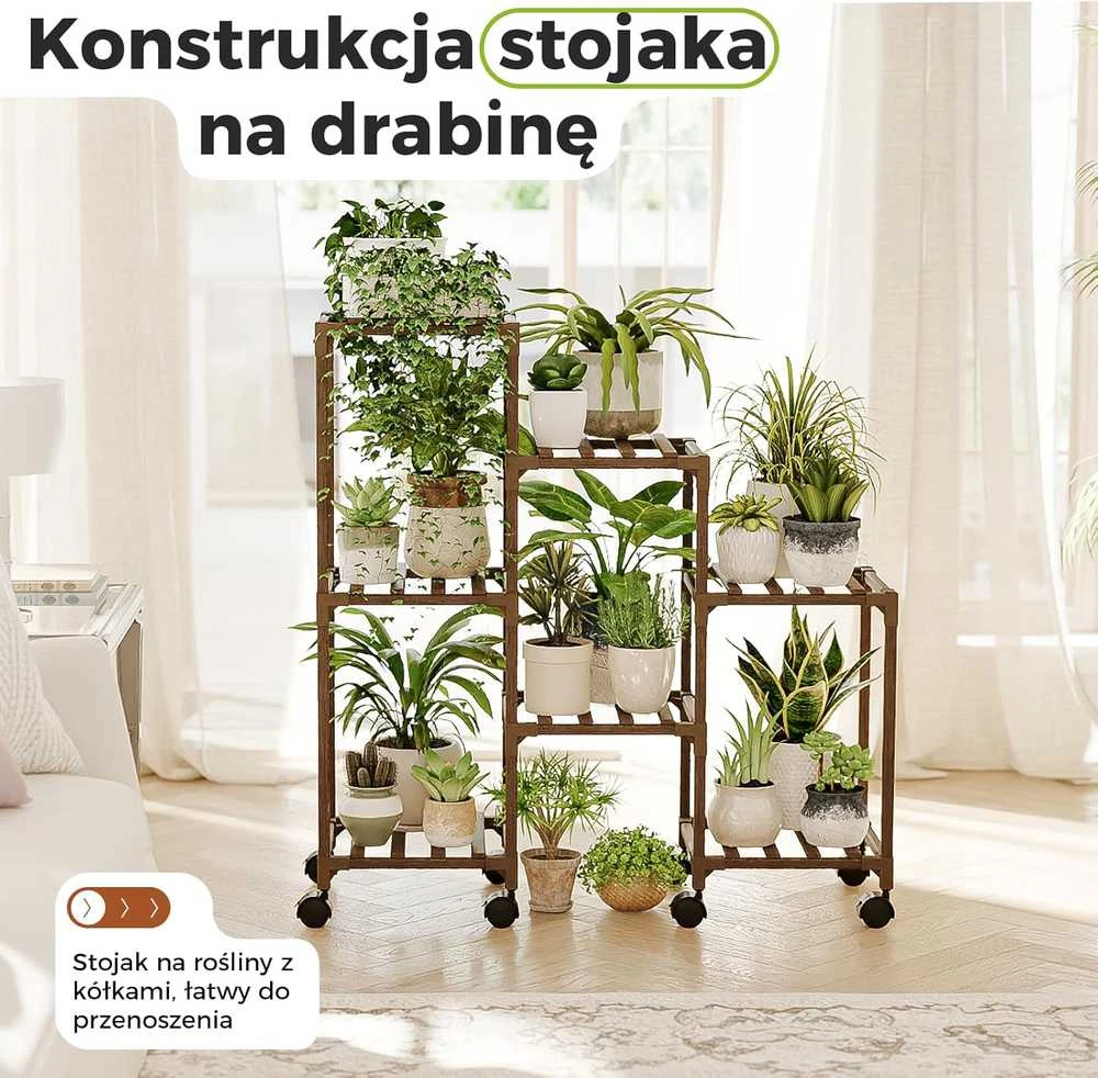 Bamworld medinis augalų stovas su 3 lygiais, 7 vazonams, su ratukais, 86,3 × 81,3 × 30 cm