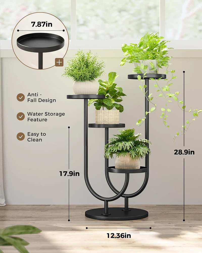 Bamworld metalinis augalų stovas, 4 lygių, matinis juodas, kampinis, MYAU-T06-B