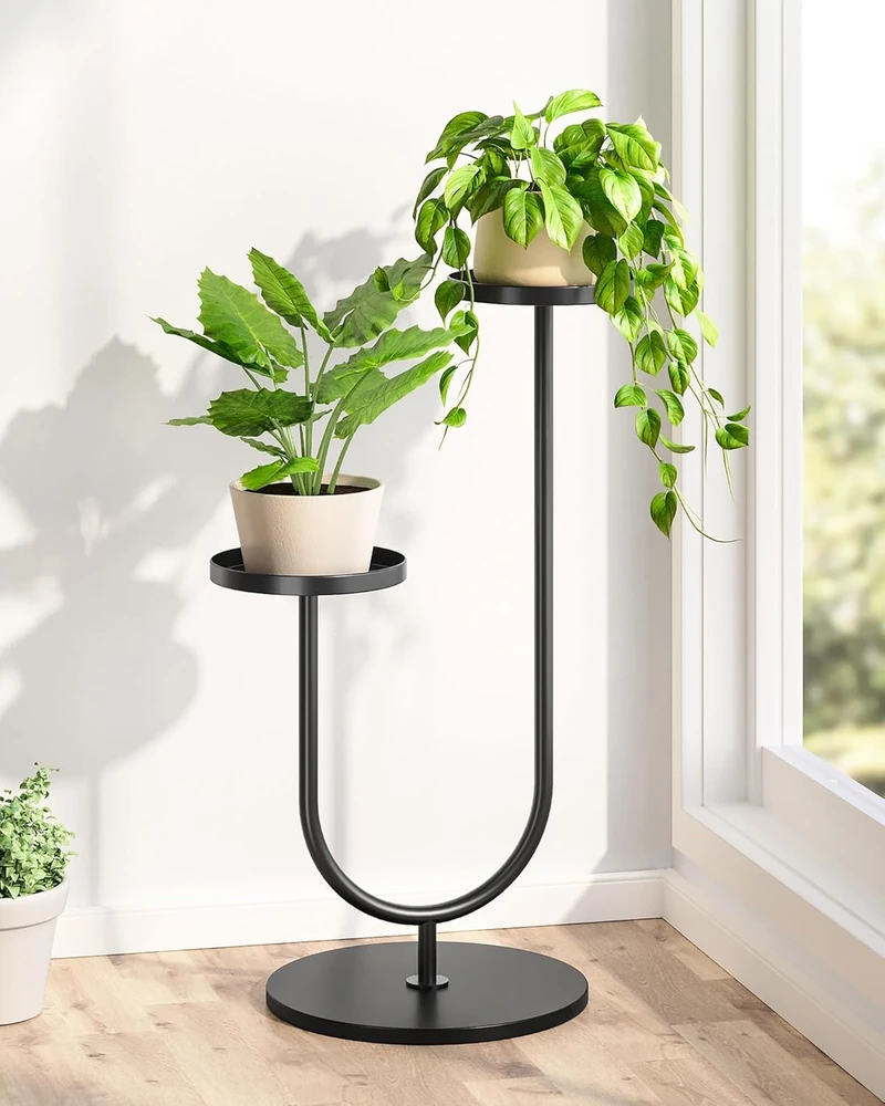 Bamworld metalinis dviejų aukštų augalų stovas, kampinė juoda gėlėms namams ir balkonui TM02-6T-BR