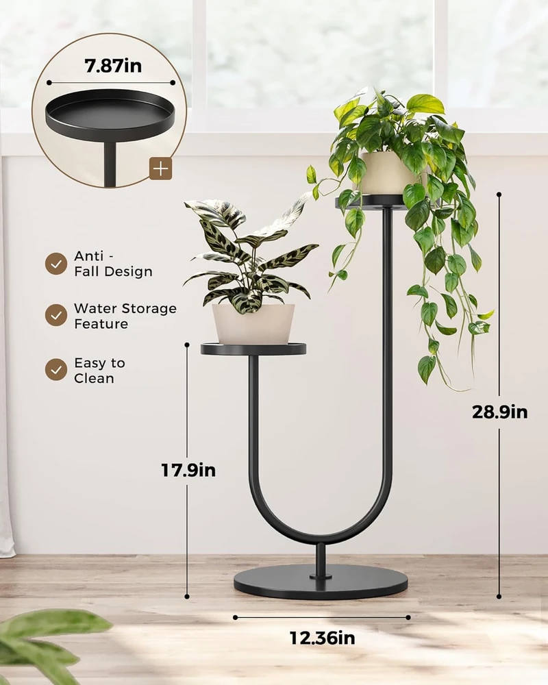 Bamworld metalinis dviejų aukštų augalų stovas, kampinė juoda gėlėms namams ir balkonui TM02-6T-BR