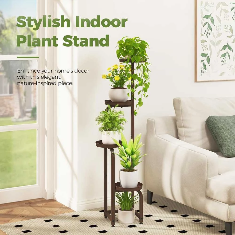 Bamworld metalinis kampinis gėlių stovas 4 lygių, perforuotos lentynėlės, rudas