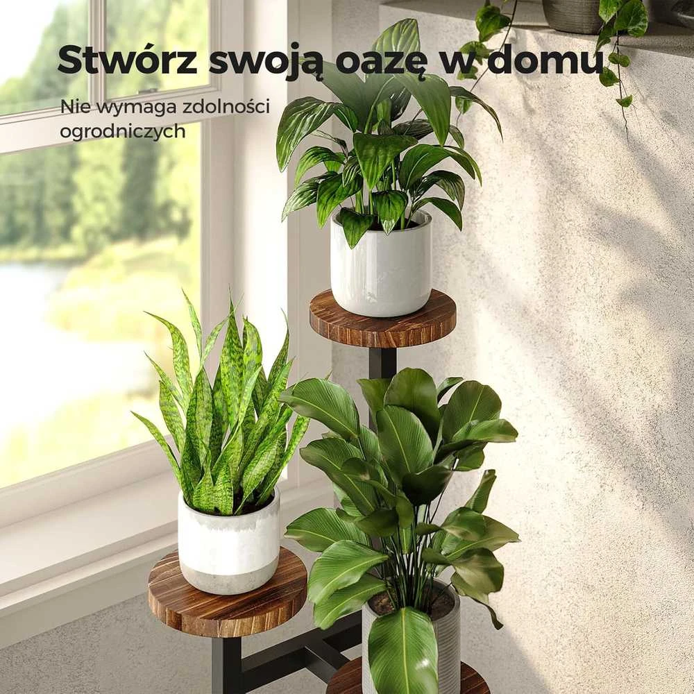 Bamworld trijų lygių kampinis metalinis ir medinis augalų stovas vidaus naudojimui, juodas