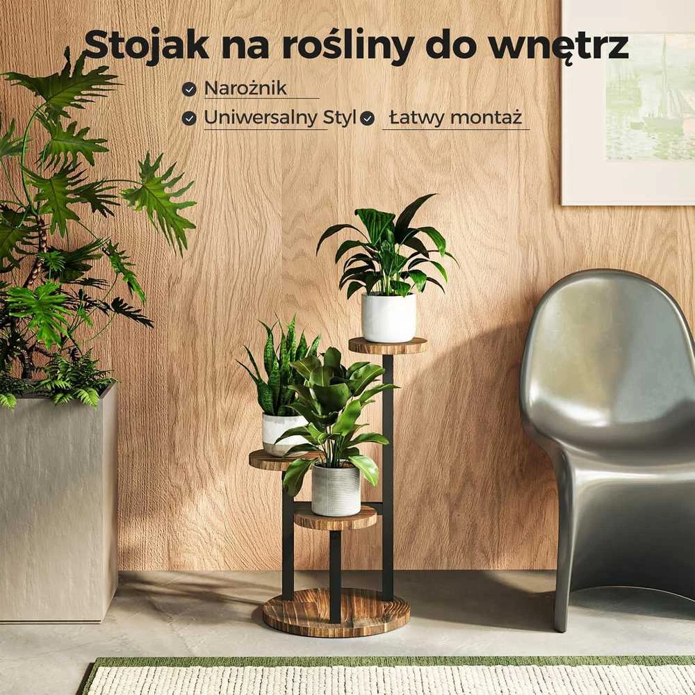 Bamworld trijų lygių kampinis metalinis ir medinis augalų stovas vidaus naudojimui, juodas