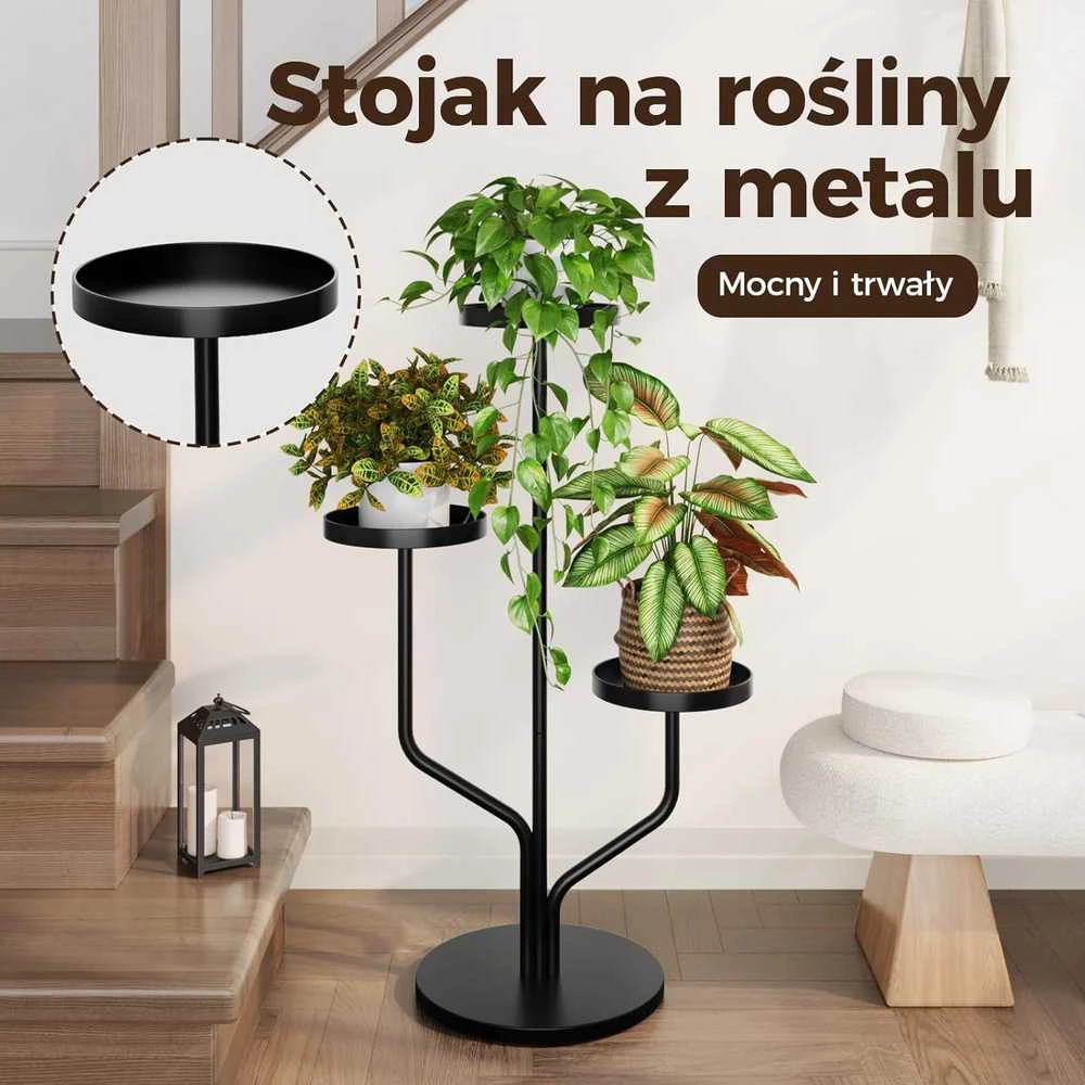 Bamworld trijų lygių metalinis augalų stovas kampui, juodas, vidaus ir lauko naudojimui