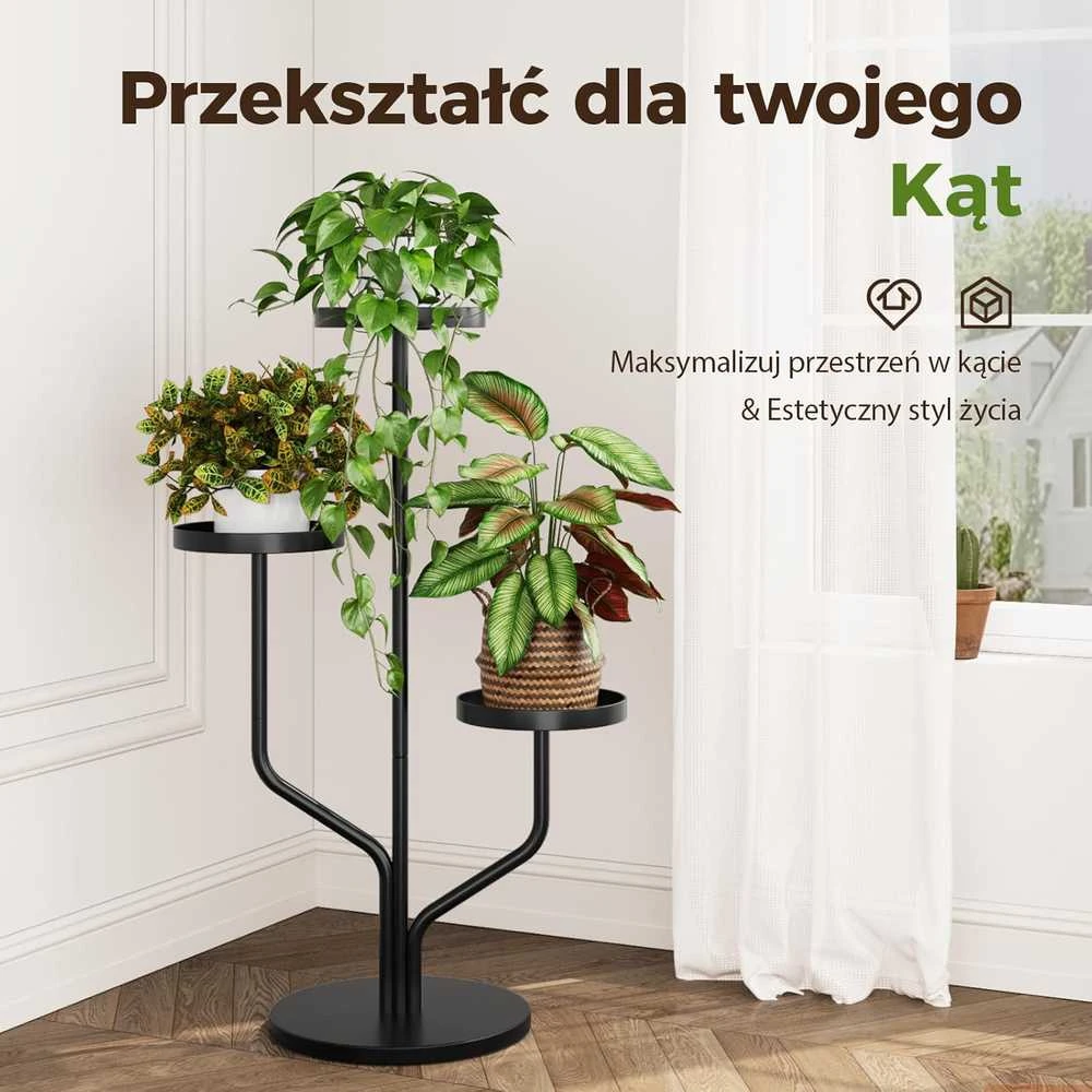 Bamworld trijų lygių metalinis augalų stovas kampui, juodas, vidaus ir lauko naudojimui