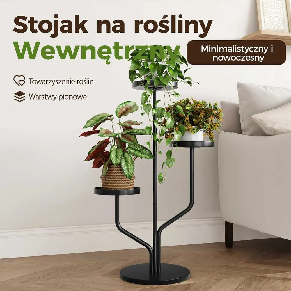 Bamworld trijų lygių metalinis augalų stovas kampui, juodas, vidaus ir lauko naudojimui