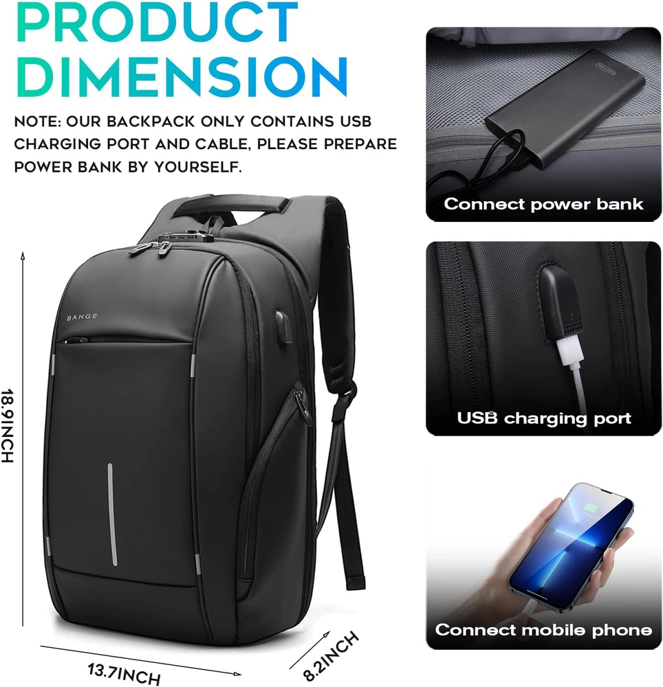 BANGE kelioninė kuprinė su apsauga nuo vagysčių, nešiojamam kompiuteriui iki 15,6 colio 2215