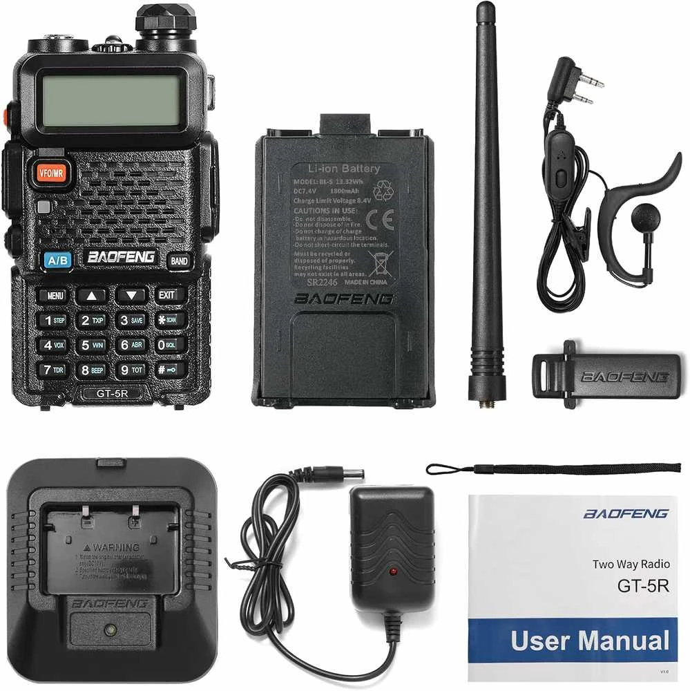 Baofeng dviejų juostų racija su 128 kanalais, 1800 mAh akumuliatoriumi, UHF/VHF 144–146/430–440 MHz, GT-5R