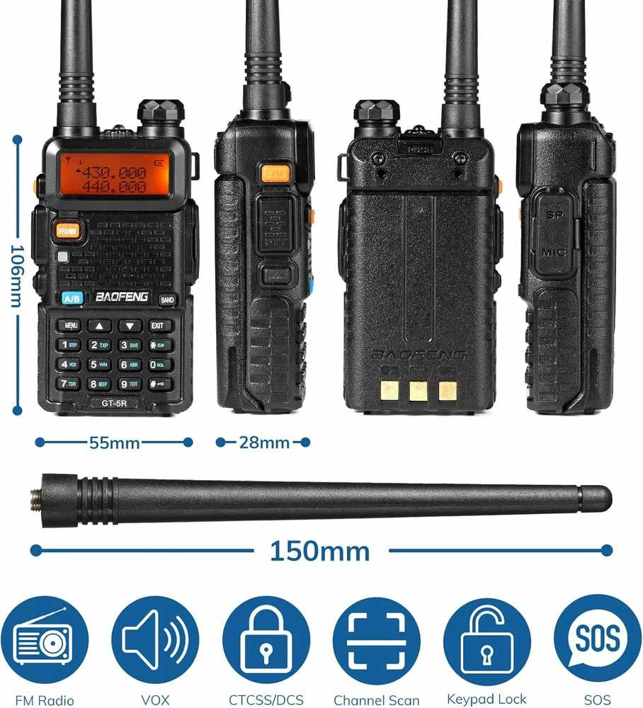 Baofeng dviejų juostų racija su 128 kanalais, 1800 mAh akumuliatoriumi, UHF/VHF 144–146/430–440 MHz, GT-5R