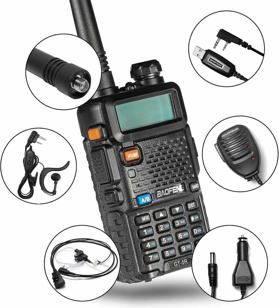 Baofeng dviejų juostų racija su 128 kanalais, 1800 mAh akumuliatoriumi, UHF/VHF 144–146/430–440 MHz, GT-5R