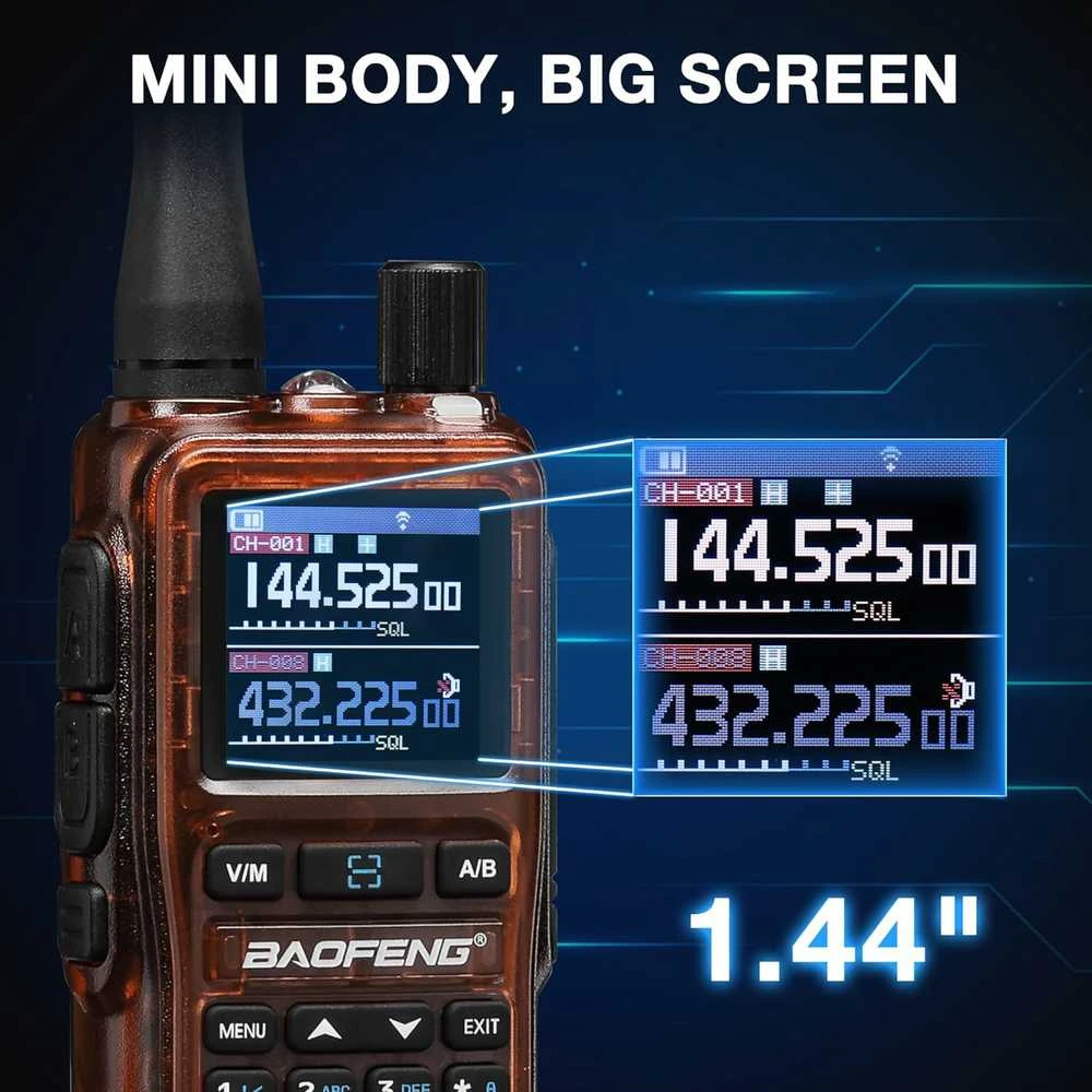 BAOFENG nešiojama dviejų juostų radijo stotelė GT-5R Mini, 5 W, UHF/VHF, USB-C įkrovimas, 999 kanalai