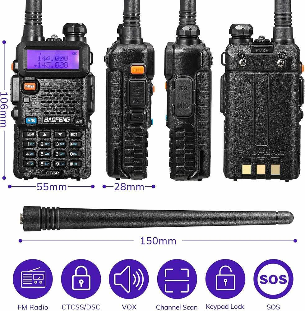 Baofeng nešiojama dvipusė radijo stotis GT-5R, UHF/VHF, 128 kanalai, 1800 mAh, 396 mm antena