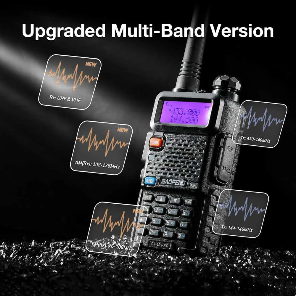 BAOFENG nešiojama racija GT-5R Pro, UHF VHF 128 kanalų, 1800 mAh akumuliatorius