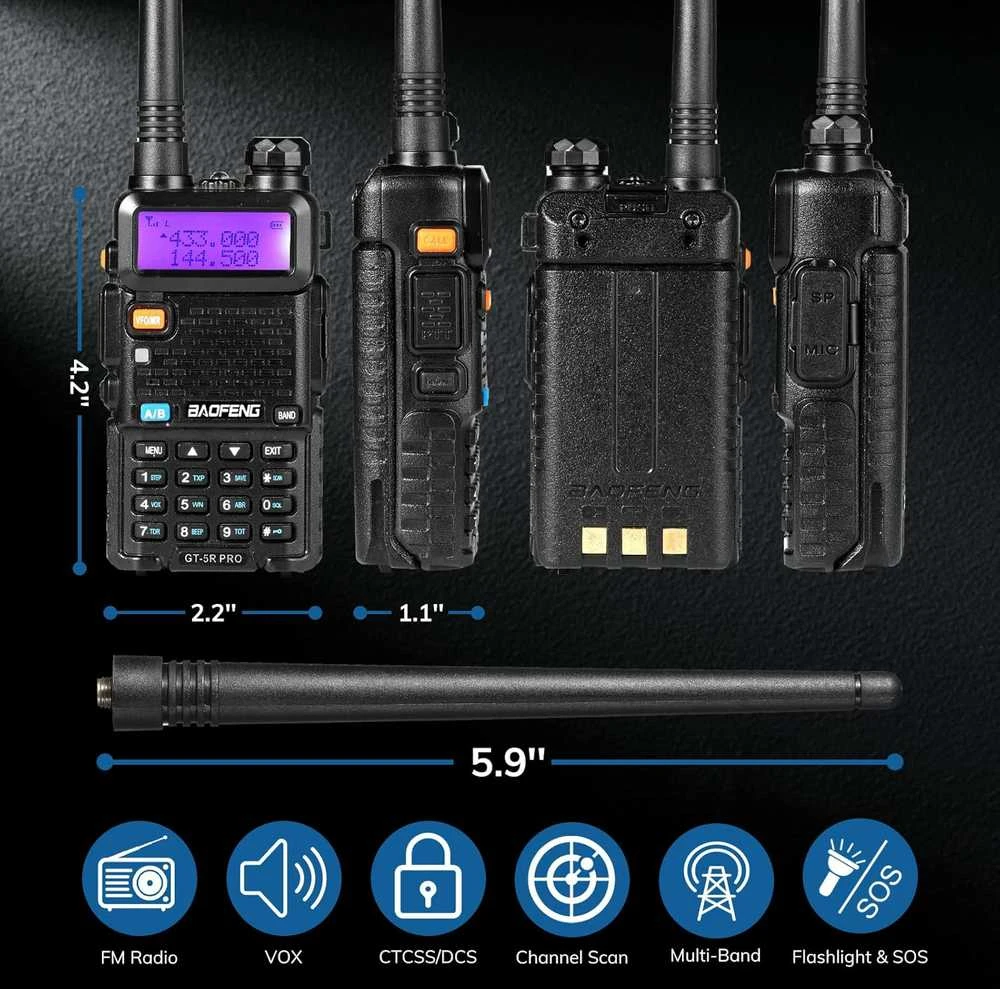 BAOFENG nešiojama racija GT-5R Pro, UHF VHF 128 kanalų, 1800 mAh akumuliatorius