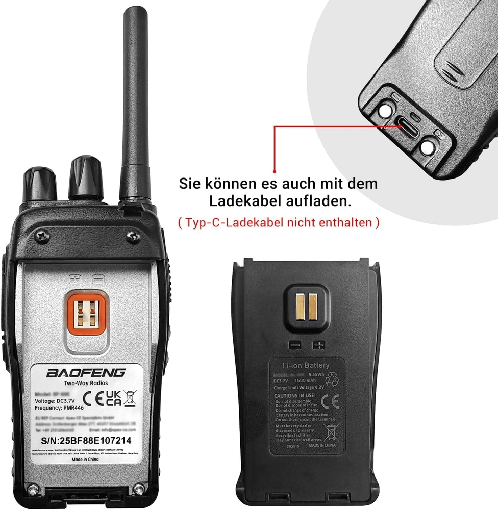 BAOFENG racijos PMR 446, 16 kanalų, iki 5 km, 1500 mAh, modelis 88E