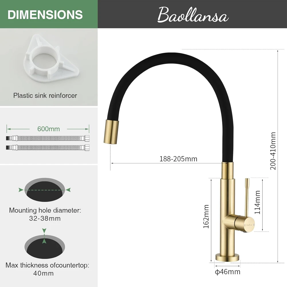 Baollansa virtuvės maišytuvas su elastingu 360° pasukamu snapeliu, nerūdijantis plienas, aukšto slėgio, auksinis WX001SS