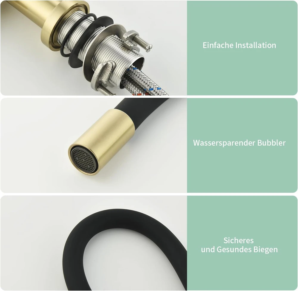 Baollansa virtuvės maišytuvas su elastingu 360° pasukamu snapeliu, nerūdijantis plienas, aukšto slėgio, auksinis WX001SS