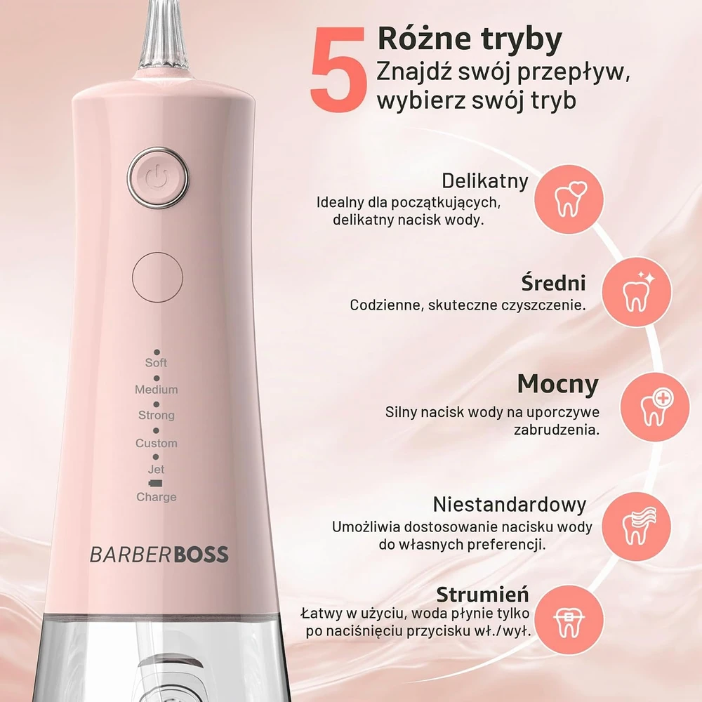 BARBERBOSS belaidis burnos irigatorius su 340 ml talpa, IPX8, 5 slėgio lygiais QR-7103