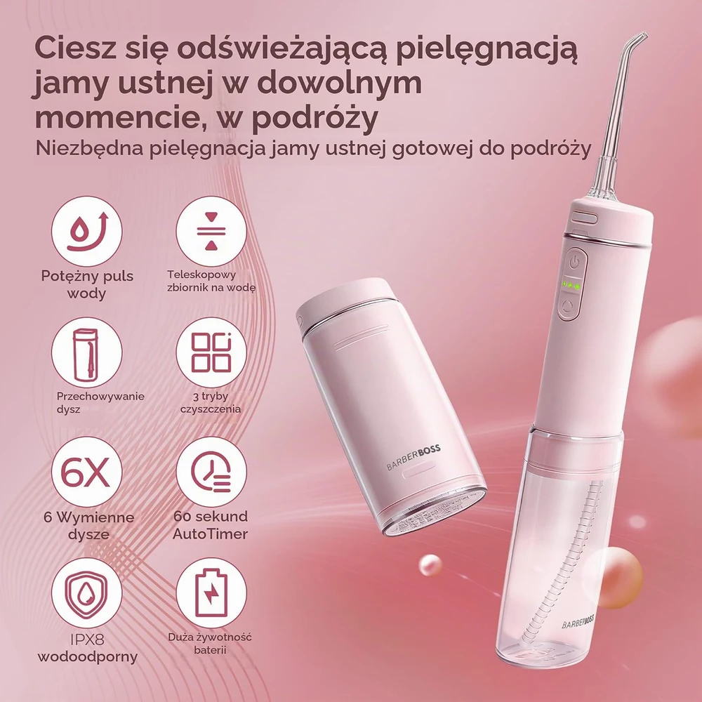BARBERBOSS belaidis burnos irigatorius su USB-C įkrovimu, 3 režimais, IPX8, QR-7113