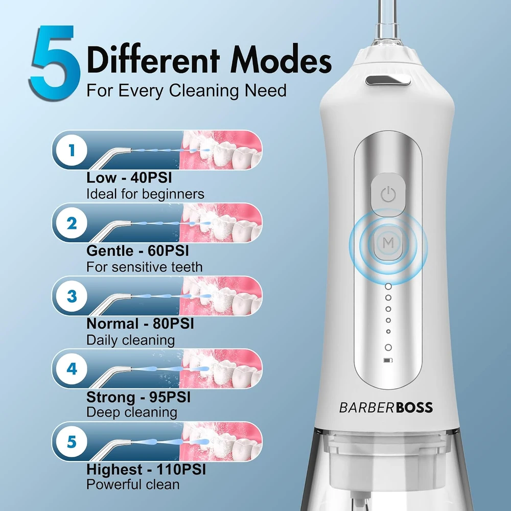 BARBERBOSS belaidis burnos irigatorius su 5 antgaliais, 300 ml, IPX7, QR-7024