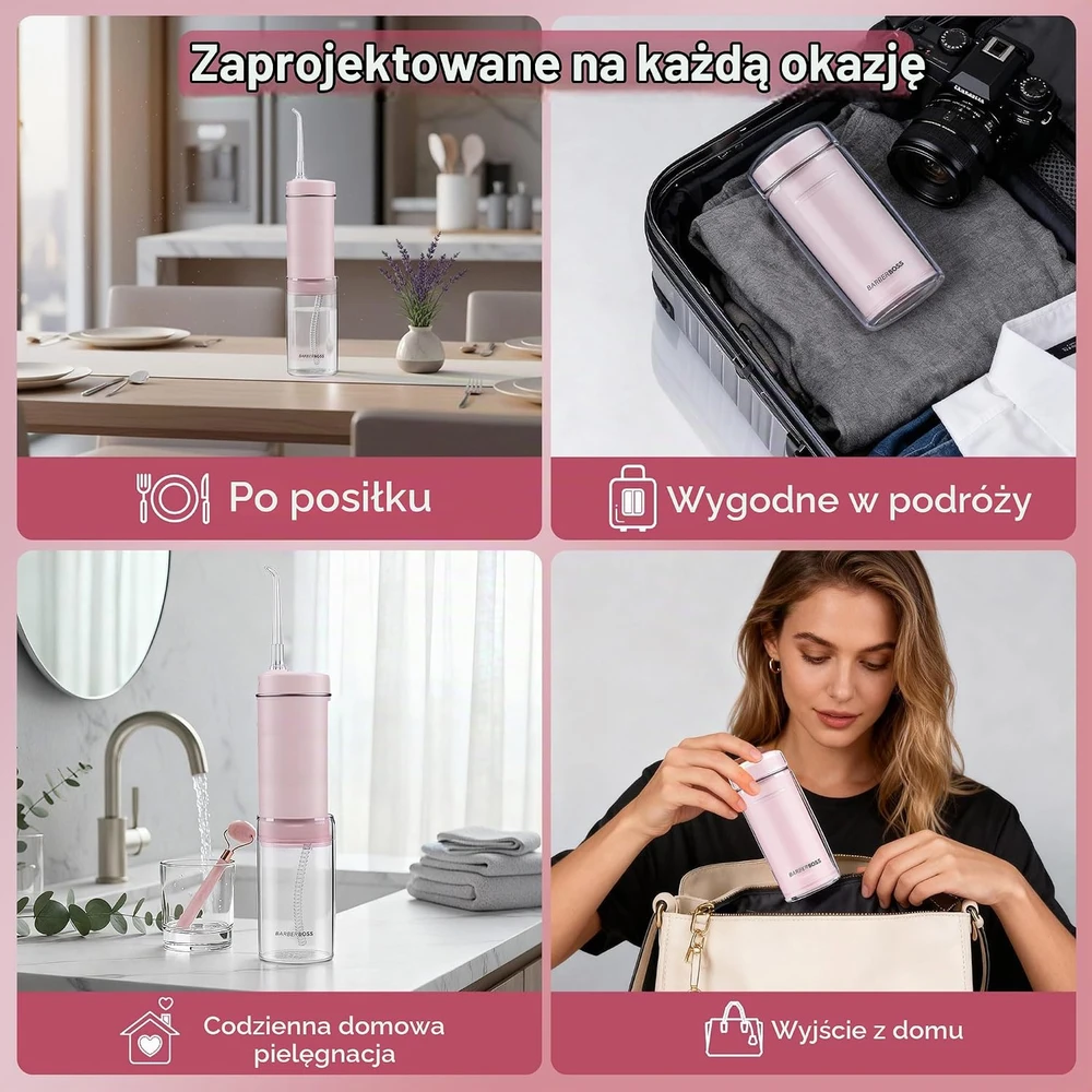 BARBERBOSS belaidis burnos irigatorius su USB-C įkrovimu, 3 režimais, IPX8, QR-7113