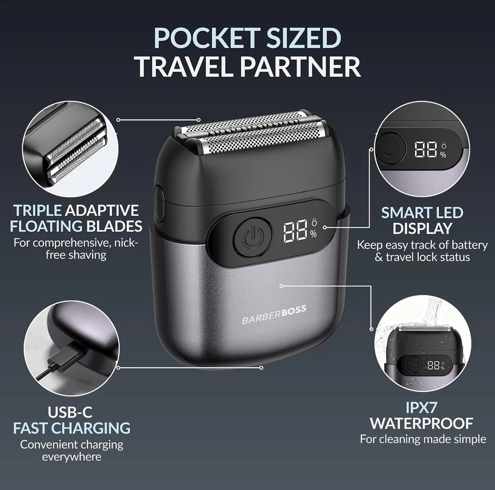 BARBERBOSS elektrinė folinė skutimosi mašinėlė vyrams su USB-C, IPX7, QR-2754