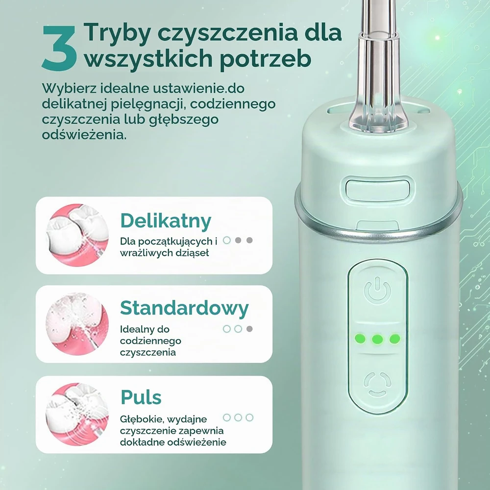 BARBERBOSS kelioninis burnos irigatorius su 3 slėgio režimais ir 6 antgaliais QR-7115