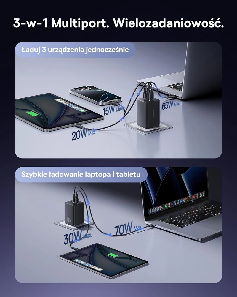 Baseus EnerFill FE11 100W 2 x USB-C + USB-A - juoda