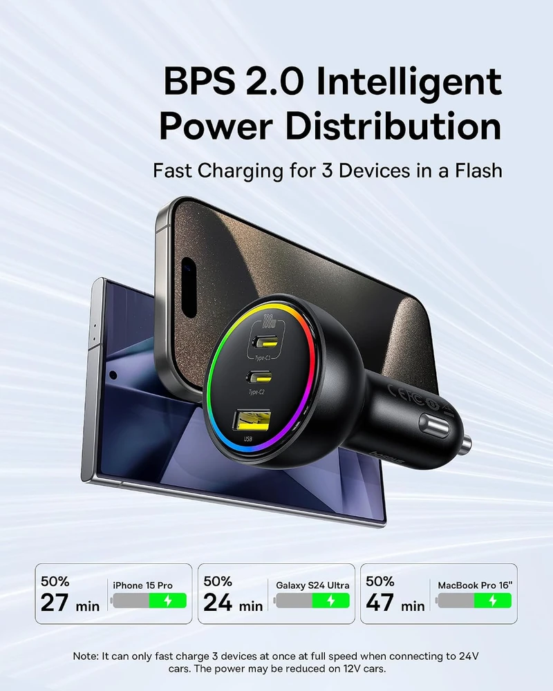 Baseus automobilinis įkroviklis 152.5 W su 2 USB-C, USB-A, RGB ir 100 W USB-C laidu BSCC-ZX-CCL