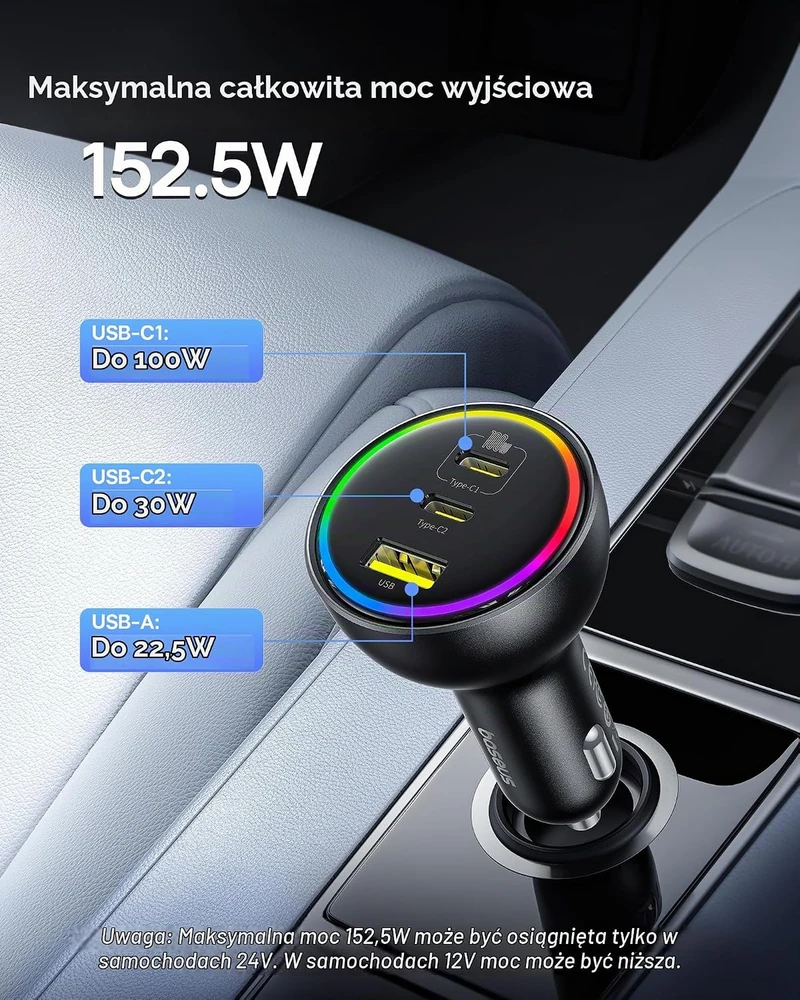 Baseus automobilinis įkroviklis 152.5 W su 2 USB-C, USB-A, RGB ir 100 W USB-C laidu BSCC-ZX-CCL
