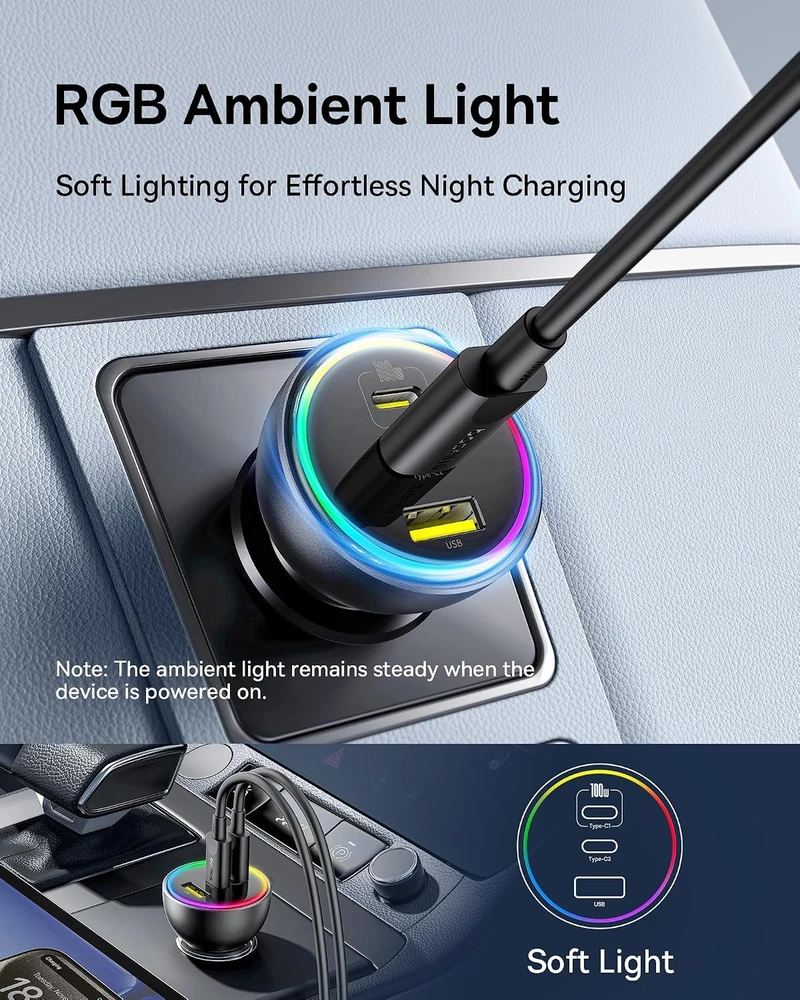 Baseus automobilinis įkroviklis 152.5 W su 2 USB-C, USB-A, RGB ir 100 W USB-C laidu BSCC-ZX-CCL